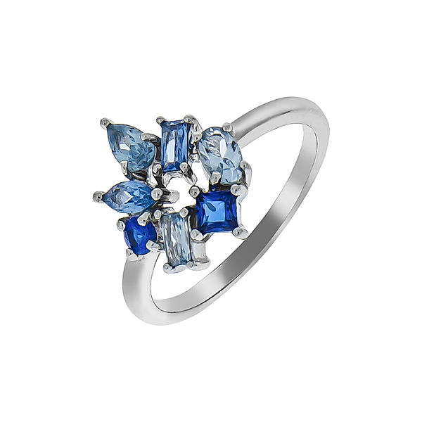 V Ring 925/- Sterling Silber synth. Glasstein blau Glänzend (Größe: 054 (17,2))