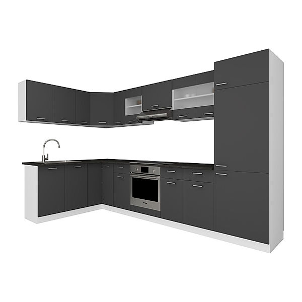 VCM 13-tlg Winkelküche Eckküche Küchenzeile Küchenblock Komplettküche 328 x 178 cm Esilo (Farbe: Weiß / Anthrazit)