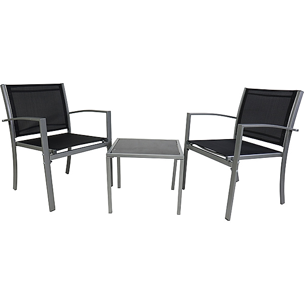 VCM 3 tlg. Alu Sitzgruppe Loungeset Balkon Set Gartenmöbel Tisch Stuhl Lounge Gartenset 3 tlg. Lounge Set aus Textiline / Aluminium (Farbe: Schwarz)