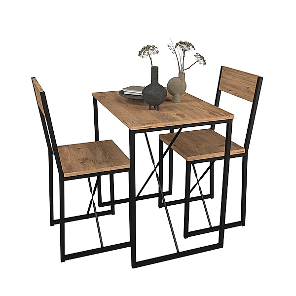 VCM 3-tlg. Holz Metall Essgruppe Küchentisch Esstisch Set Tischgruppe Tisch Stühle Insasi M (Farbe: Honig-Eiche)
