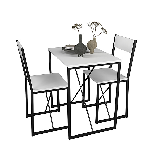 VCM 3-tlg. Holz Metall Essgruppe Küchentisch Esstisch Set Tischgruppe Tisch Stühle Insasi M (Farbe: Weiß)