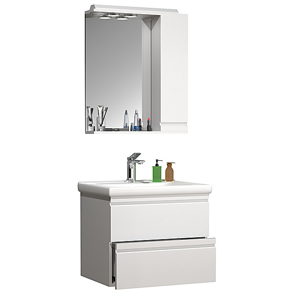 VCM 3-tlg. Waschplatz Waschtisch 60 cm Badmöbel Set Waschbecken grifflose Schublade Spiegelschrank Silora L (Farbe: Weiß)