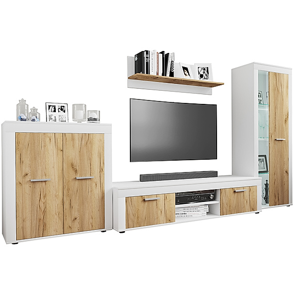 VCM 4-tlg. TV Lowboard Fernsehschrank Schrankwand Wohnzimmer Anbauwand Wohnwand Usilo XL (Farbe: Weiß / Honig-Eiche)