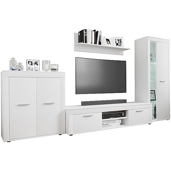 VCM 4-tlg. TV Lowboard Fernsehschrank Schrankwand Wohnzimmer Anbauwand Wohnwand Usilo XL (Farbe: Weiß)