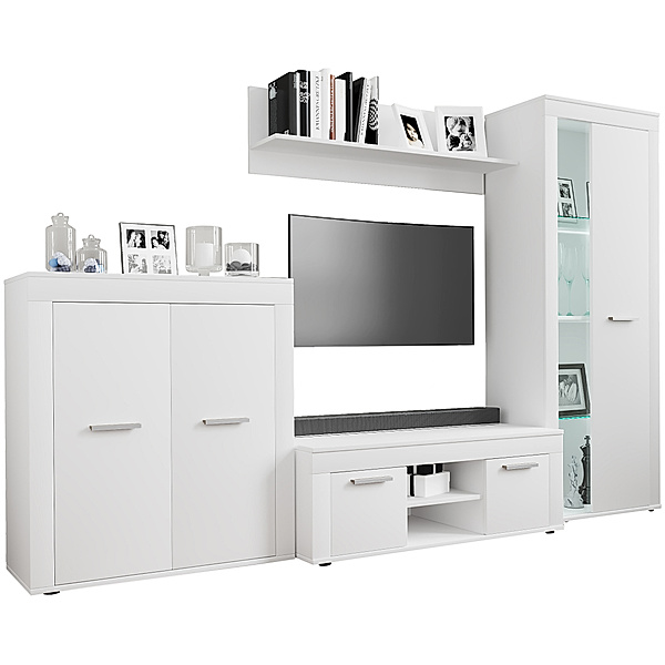 VCM 4-tlg. TV Lowboard Fernsehschrank Schrankwand Wohnzimmer Anbauwand Wohnwand Usilo L (Farbe: Weiß)