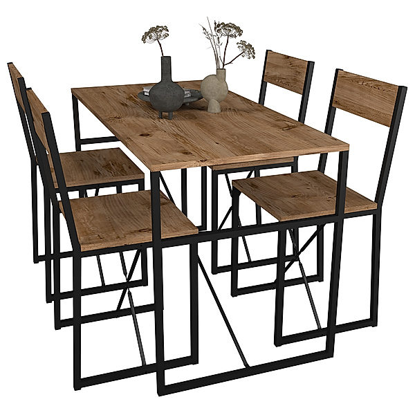 VCM 5-tlg. Holz Metall Essgruppe Küchentisch Esstisch Set Tischgruppe Tisch Stühle Insasi L (Farbe: Honig-Eiche)