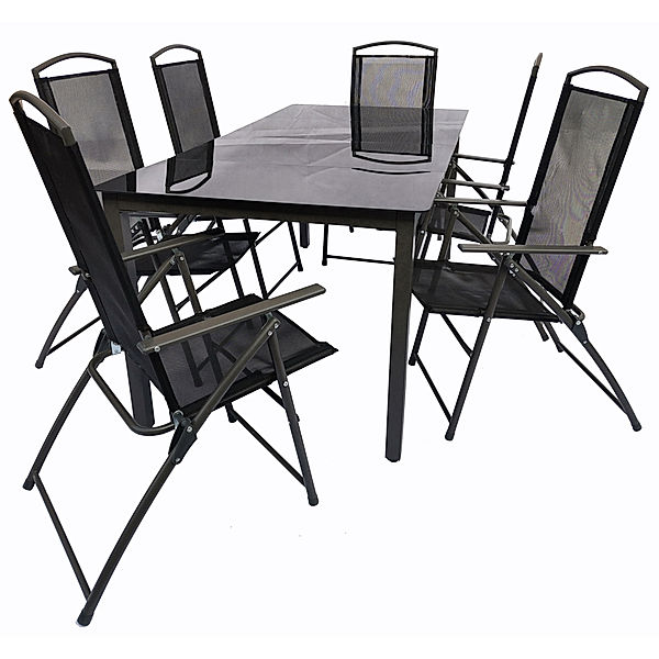 VCM 7-tlg. Gartenmöbel Set Sitzgruppe 190x80 Schwarzglas (Farbe: Schwarz)