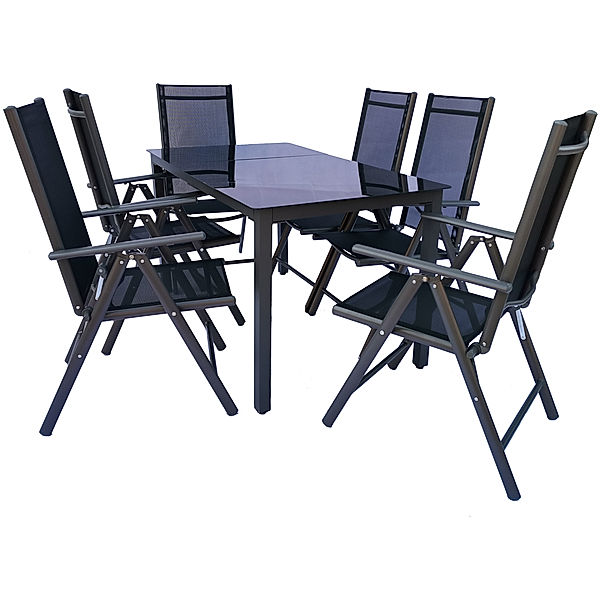 VCM Alu Gartenmöbel Sitzgruppe Set 140x80 Schwarzglas (Farbe: Anthrazit, Ausführung: Tisch + 4 Stühle)