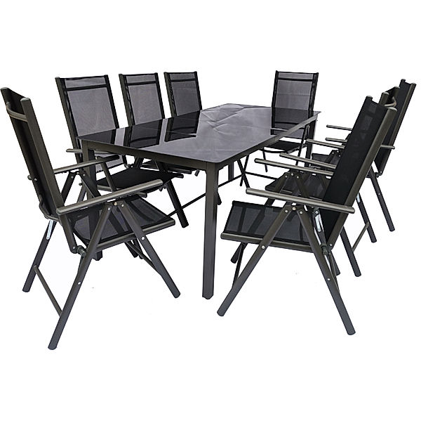VCM Alu Gartenmöbel Sitzgruppe Set 190x80 Schwarzglas (Farbe: Schwarz, Ausführung: Tisch + 8 Stühle)