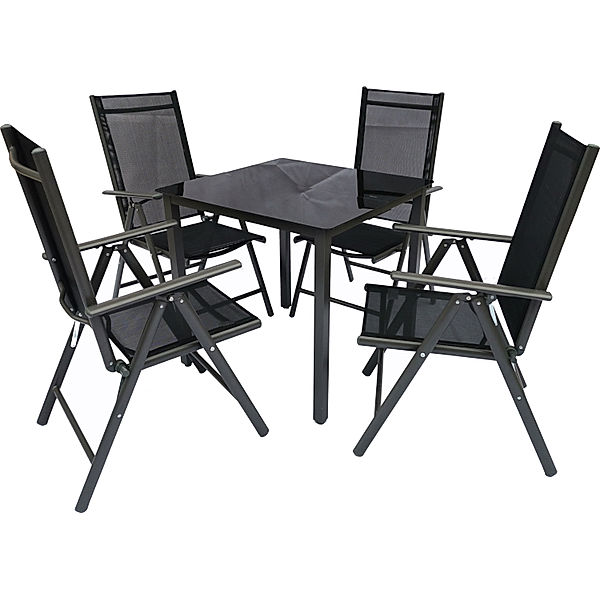 VCM Alu Gartenmöbel Sitzgruppe Set 80 x 80 Schwarzglas (Farbe: Schwarz, Ausführung: Tisch + 4 Stühle)