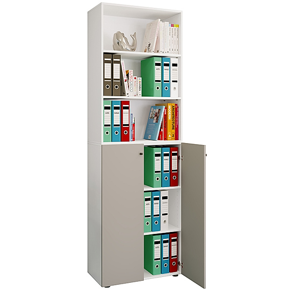 VCM Büroschrank Bücher Ordner Aktenschrank Büromöbel Schrank Lona 6-fach Drehtüren Regal (Farbe: Weiß / Grau)