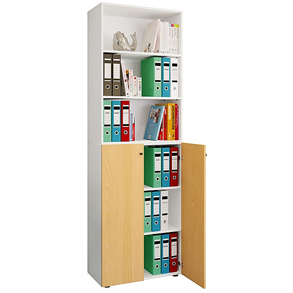 VCM Büroschrank Bücher Ordner Aktenschrank Büromöbel Schrank Lona 6-fach Drehtüren Regal (Farbe: Weiß / Buche)