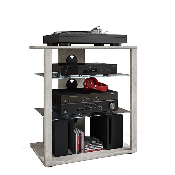 VCM Hifi Möbel Rack Schrank Phono Regal Glas Phono Mediaregal Folas (Farbe: Beton-Grau)