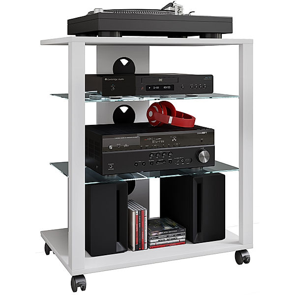 VCM Hifi Möbel Rollen Rack Schrank Phono mobil Regal Glas rollbar Phono Mediaregal Folas (Farbe: Weiß)