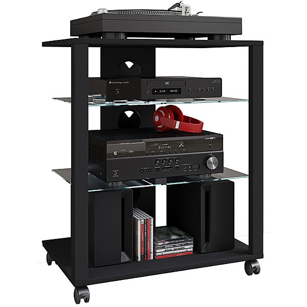 VCM Hifi Möbel Rollen Rack Schrank Phono mobil Regal Glas rollbar Phono Mediaregal Folas (Farbe: Schwarz)