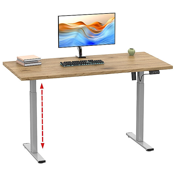 VCM Höhenverstellbarer Schreibtisch stufenlos elektrisch höhenverstellbar Lona 110x50 Silber (Farbe: Honig-Eiche)