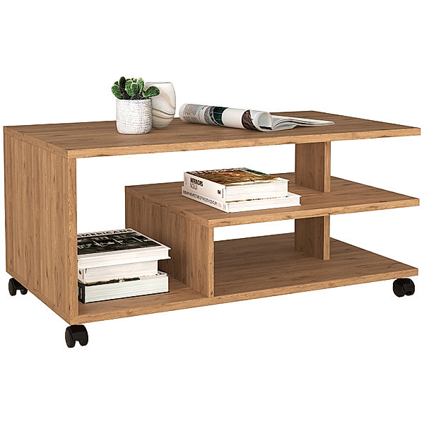 VCM Holz Beistelltisch Couchtisch Sofatisch Wohnzimmertisch Rollen rollbar Ralus (Farbe: Honig-Eiche)