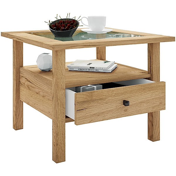 VCM Holz Beistelltisch Couchtisch Sofatisch Wohnzimmertisch Schublade Lingis M (Farbe: Honig-Eiche)