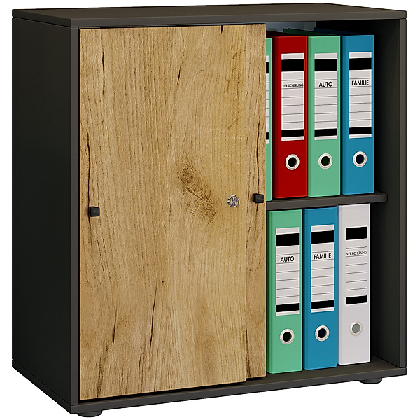 VCM Holz Büroschrank Aktenregal Lona 2 Fächer Schiebetüren (Farbe: Anthrazit / Honig-Eiche)