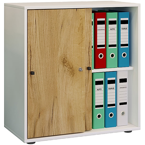 VCM Holz Büroschrank Aktenregal Lona 2 Fächer Schiebetüren (Farbe: Weiß / Honig-Eiche)
