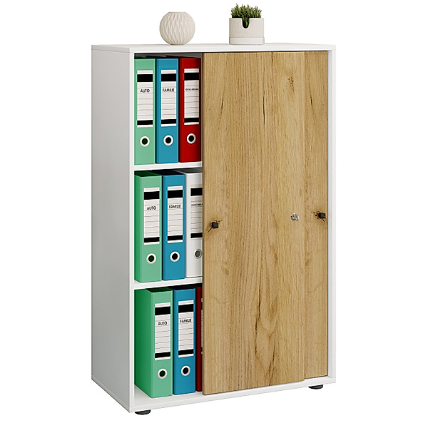 VCM Holz Büroschrank Aktenregal Lona 3 Fächer Schiebetüren (Farbe: Weiß / Honig-Eiche)