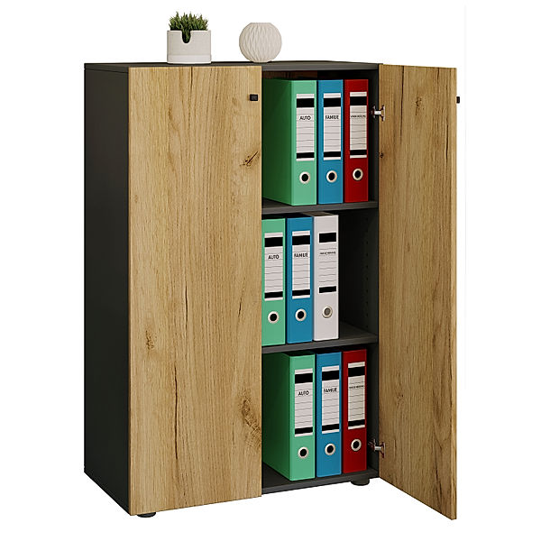 VCM Holz Büroschrank Aktenregal Lona 3 Fächer mit Drehtüren (Farbe: Anthrazit / Honig-Eiche)