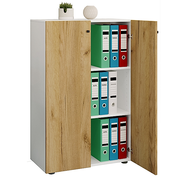 VCM Holz Büroschrank Aktenregal Lona 3 Fächer mit Drehtüren (Farbe: Weiß / Honig-Eiche)