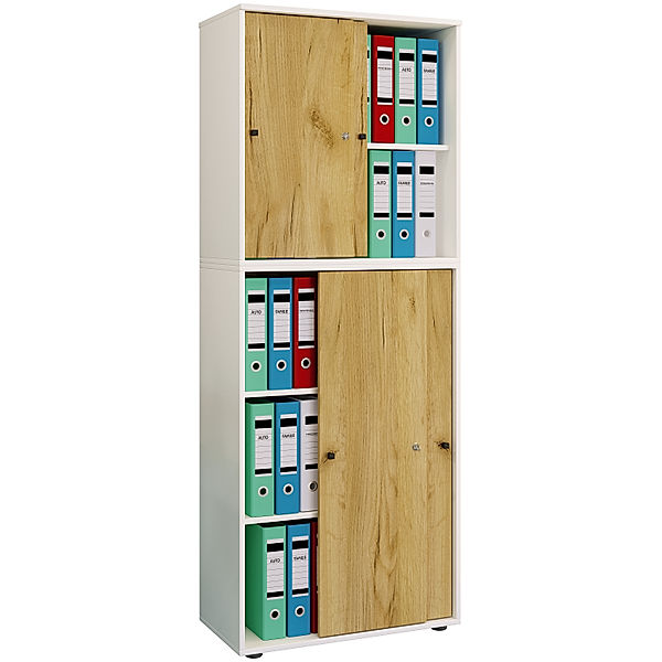 VCM Holz Büroschrank Aktenregal Lona 5 Fächer Schiebetüren (Farbe: Weiß / Honig-Eiche)
