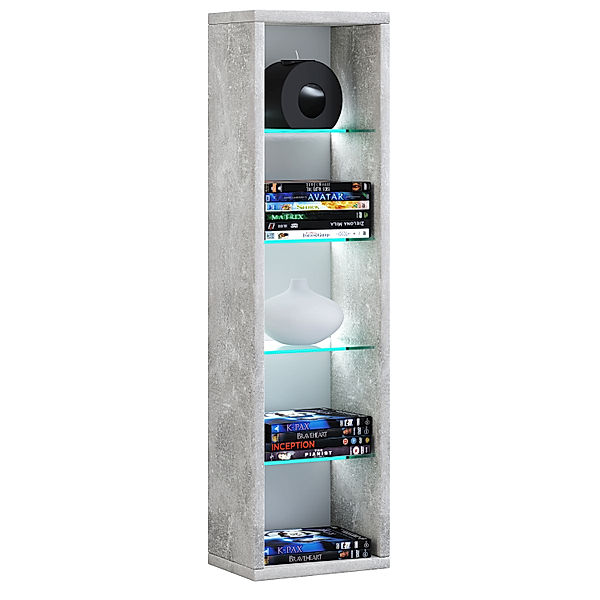 VCM Holz CD DVD Stand Regal Rasato mit Glasböden (Farbe: Beton-Optik, Größe: 77)