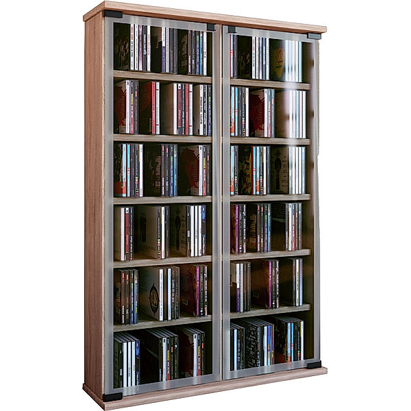 VCM Holz CD DVD Standregal Galerie mit Glastür (Farbe: Sonoma-Eiche (Sägerau))