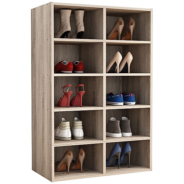 VCM Holz Dielenschrank Schuhschrank Schuhregal Schuhkommode 10 Fächer Hinsol M (Farbe: Sonoma-Eiche)