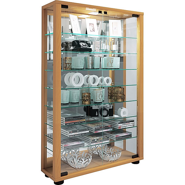 VCM Holz Glas Vitrine Sammel Glasvitrine Schaukasten Standvitrine Lumo Mini Spiegel (Farbe: Buche)