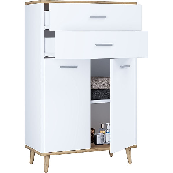 VCM Holz Highboard Kommode Drehtüren Schublade Lindas (Farbe: Weiß / Honig-Eiche)