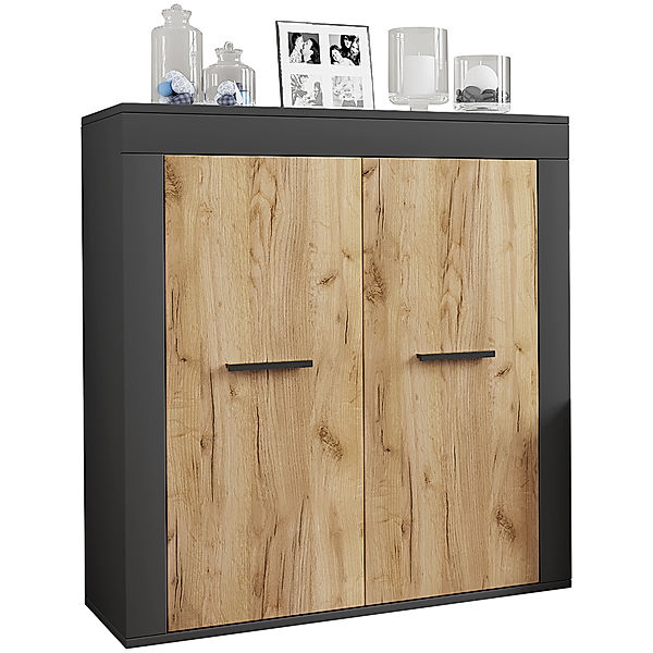 VCM Holz Kommode Sideboard Highboard Anrichte Schrank Usilo 2 Drehtüren (Farbe: Anthrazit / Honig-Eiche)