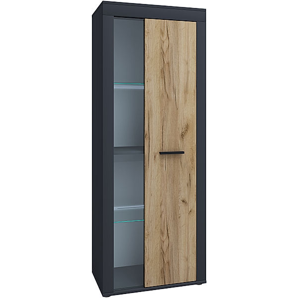 VCM Holz Kommode Sideboard Highboard Vitrine Wohnzimmer Schrank Usilo Drehtür Glas (Farbe: Anthrazit / Honig-Eiche)