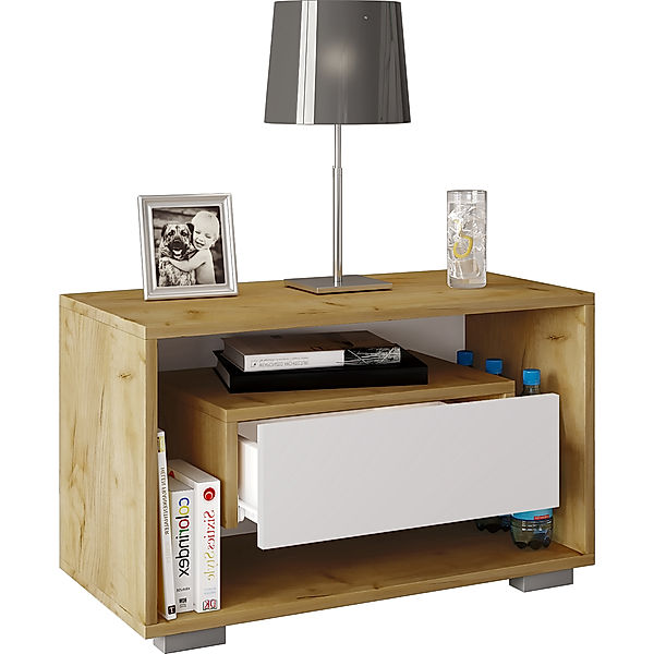 VCM Holz Nachttisch Blexo L mit Schublade (Farbe: Honig-Eiche / Weiß)