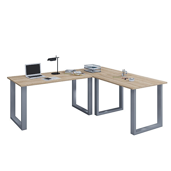 VCM Holz Schreibtisch Computertisch Lona 50 U Alu Silber (Farbe: Sonoma-Eiche-Sägerau, B. 160 x L. 130 x H. 76 x T. 50 cm)