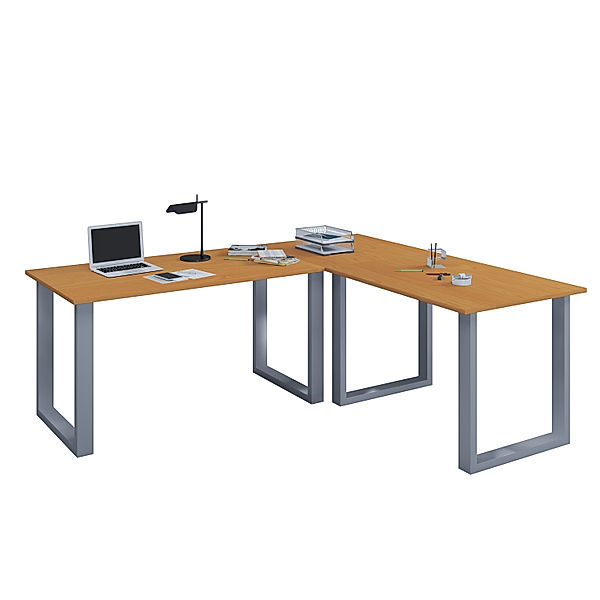 VCM Holz Schreibtisch Computertisch Lona 50 U Alu Silber (Farbe: Buche, B. 160 x L. 130 x H. 76 x T. 50 cm)