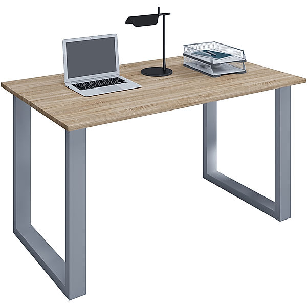 VCM Holz Schreibtisch Computertisch Lona U Alu Silber (Farbe: Sonoma-Eiche, B. 140 x H. 76 x T. 50 cm)