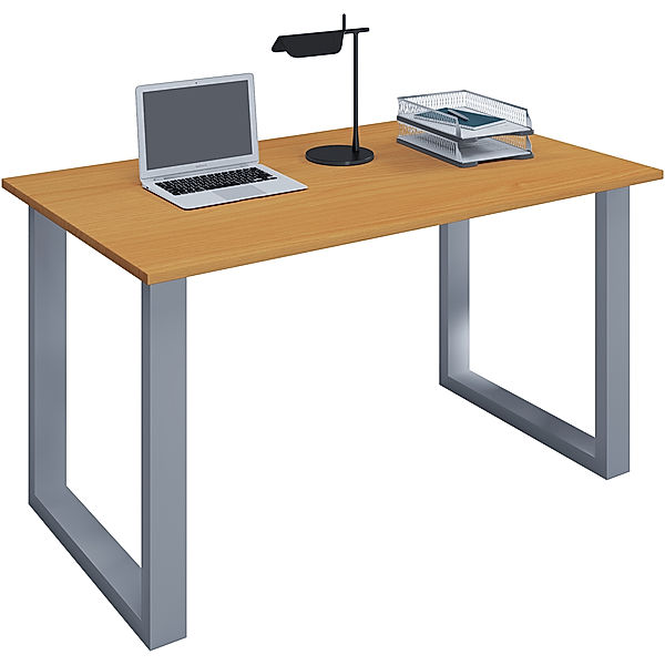 VCM Holz Schreibtisch Computertisch Lona U Alu Silber (Farbe: Buche, B. 140 x H. 76 x T. 50 cm)