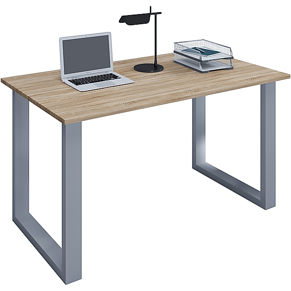 VCM Holz Schreibtisch Computertisch Lona U Alu Silber (Farbe: Sonoma-Eiche, B. 140 x H. 76 x T. 80 cm)