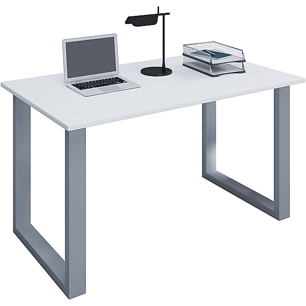VCM Holz Schreibtisch Computertisch Lona U Alu Silber (Farbe: Weiß, B. 140 x H. 76 x T. 80 cm)