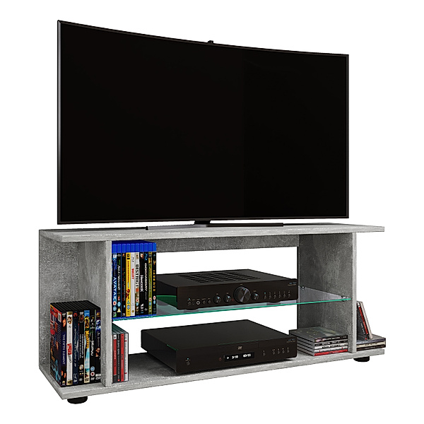 VCM Holz TV Lowboard Fernsehschrank Konsole Fernsehtisch Fernseh Glas Expalo XL (Farbe: Beton-Grau)