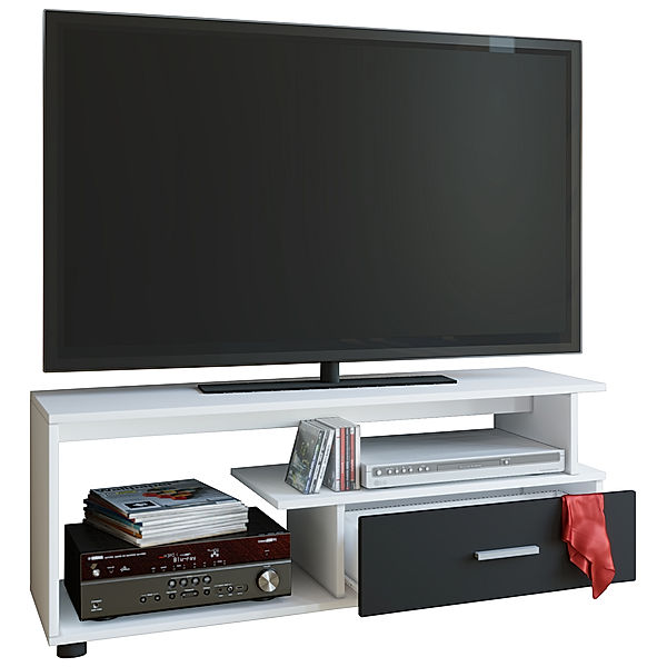 VCM Holz TV Lowboard Fernsehschrank mit Schublade Rimini Holz TV Lowboard Fernsehschrank mit Schublade Rimini (Farbe: Weiß / Schwarz)