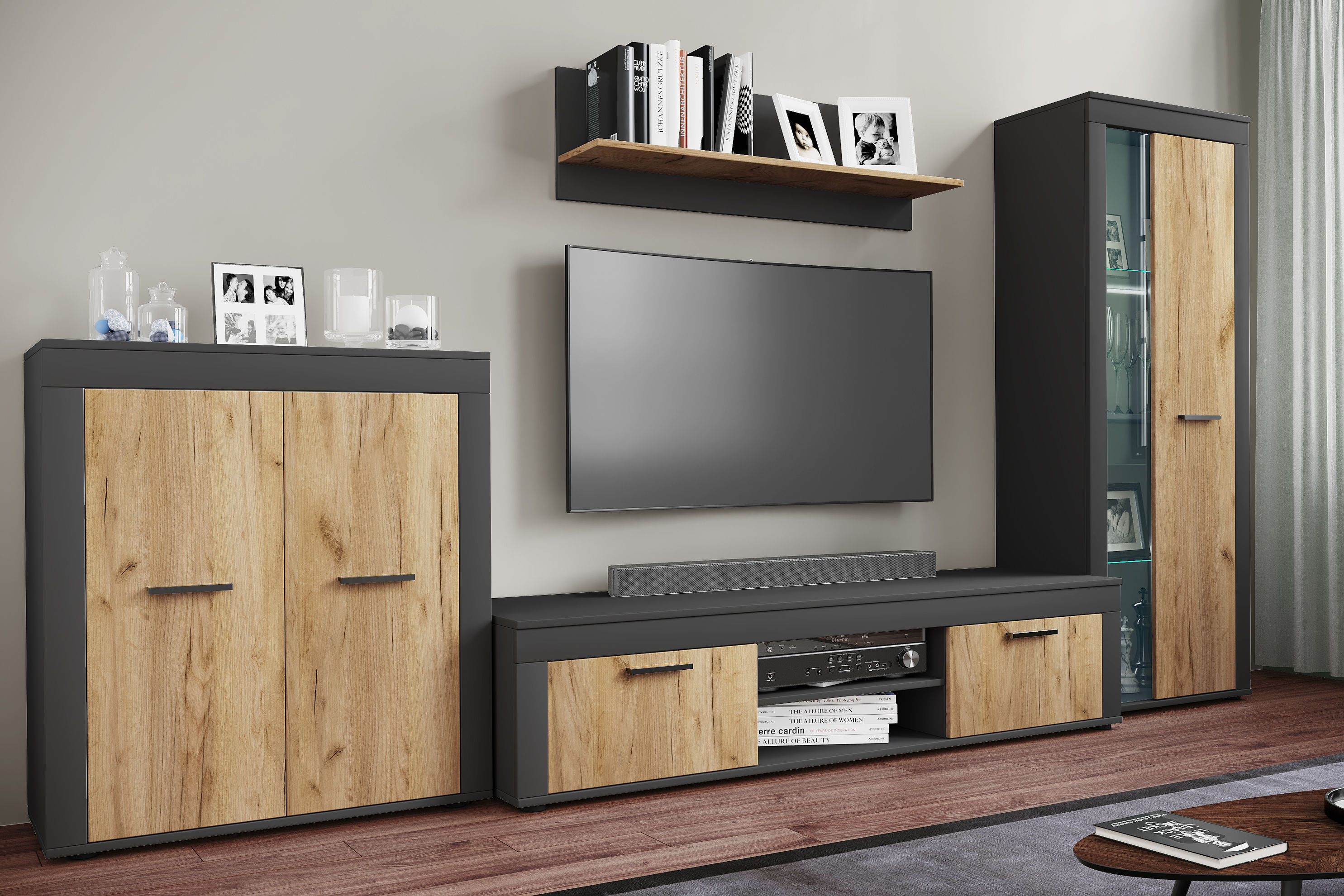 VCM Holz TV Lowboard Möbel Fernsehschrank Tisch Konsole Fernsehtisch Breite  160 cm Usilo XL Farbe: Anthrazit Honig-Eiche | Weltbild.de