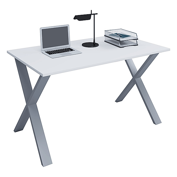 VCM Premium Büromöbel Schreibtisch Lona X Silber (Farbe: Weiß, B. 140 x H. 76 x T. 50 cm)