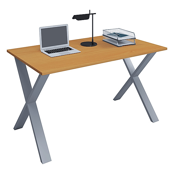 VCM Premium Büromöbel Schreibtisch Lona X Silber (Farbe: Buche, B. 140 x H. 76 x T. 50 cm)