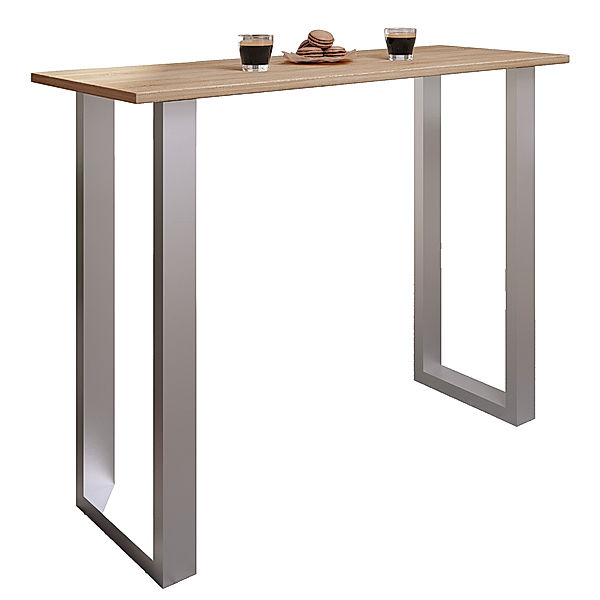VCM Premium Holz Alu Bartisch Tresen Stehtisch Bistrotisch Bartresen Tisch Xona 140x50 cm (Farbe: Silber / Sonoma-Eiche)