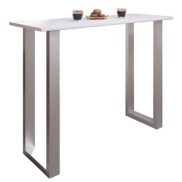 VCM Premium Holz Alu Bartisch Tresen Stehtisch Bistrotisch Bartresen Tisch Xona 140x50 cm (Farbe: Silber / Weiß)