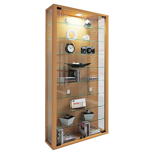 VCM Sammel Stand Vitrine Holz Glas Lumo Maxi (Farbe: Buche, Ausführung: Mit LED-Beleuchtung)